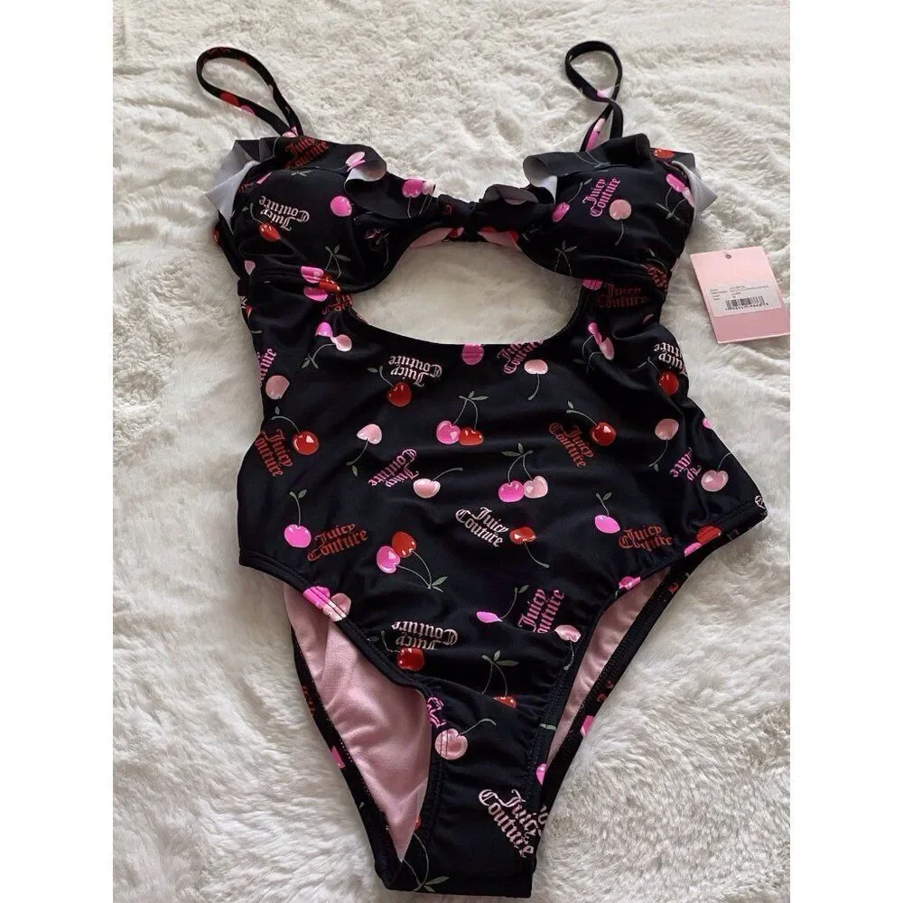 Juicy‎ Couture Ruffle Cut Out Swimsuit One Piece Lined Cherry Logo Size M NEW